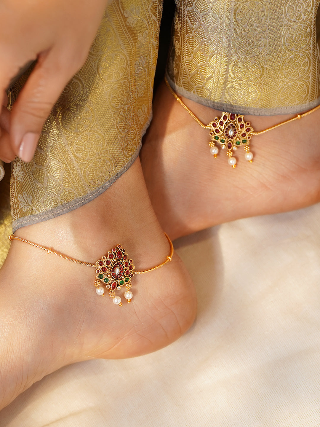 Ruby Pink Studded Gold Toned Pearl Anklet