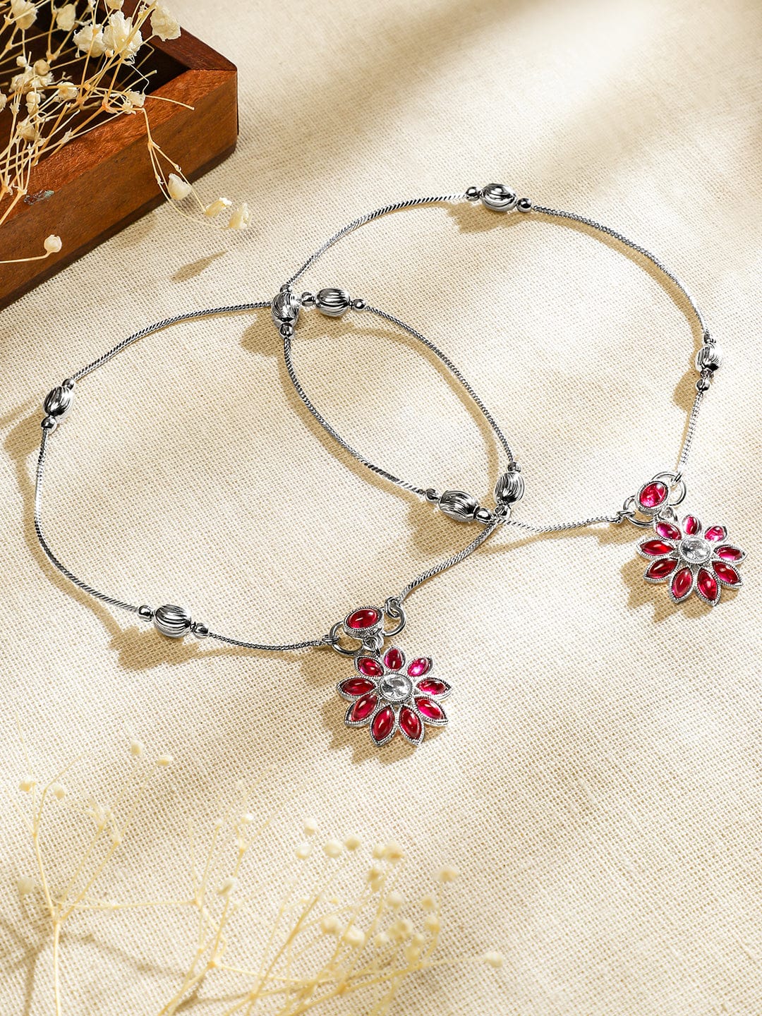 Rubans Oxidised Silver-Plated Ruby Pink & White Kundan Studded Floral Charm Anklet Set of 2 for Women
