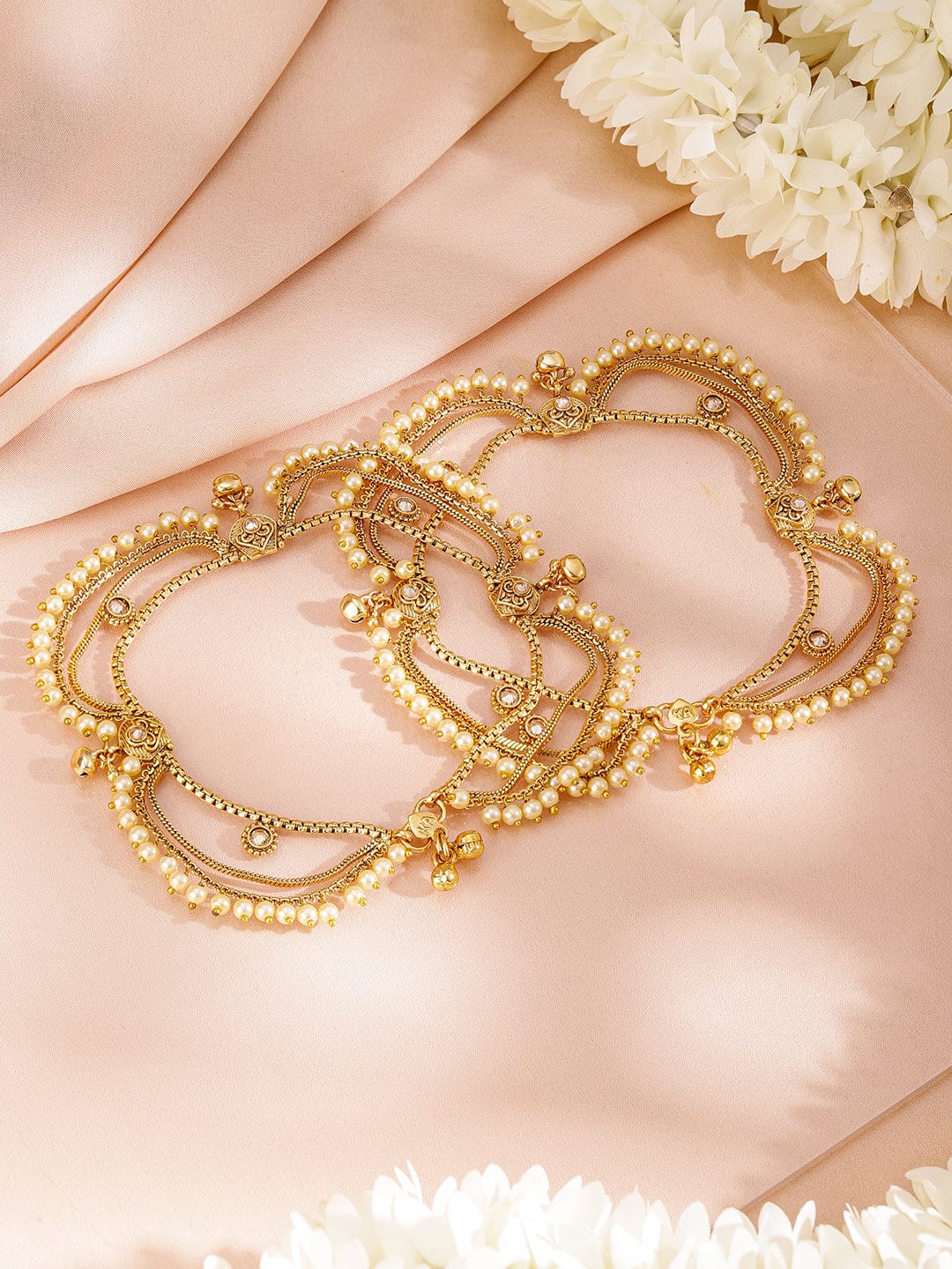 Rubans Set of 2 Pearls & Stone Studded 24K Gold Plated Layered Anklet